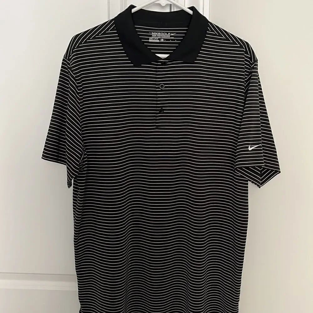 Mens Nike Dri Fit black & white stripe Tour Performance golf polo shirt L 🏌️‍♂️